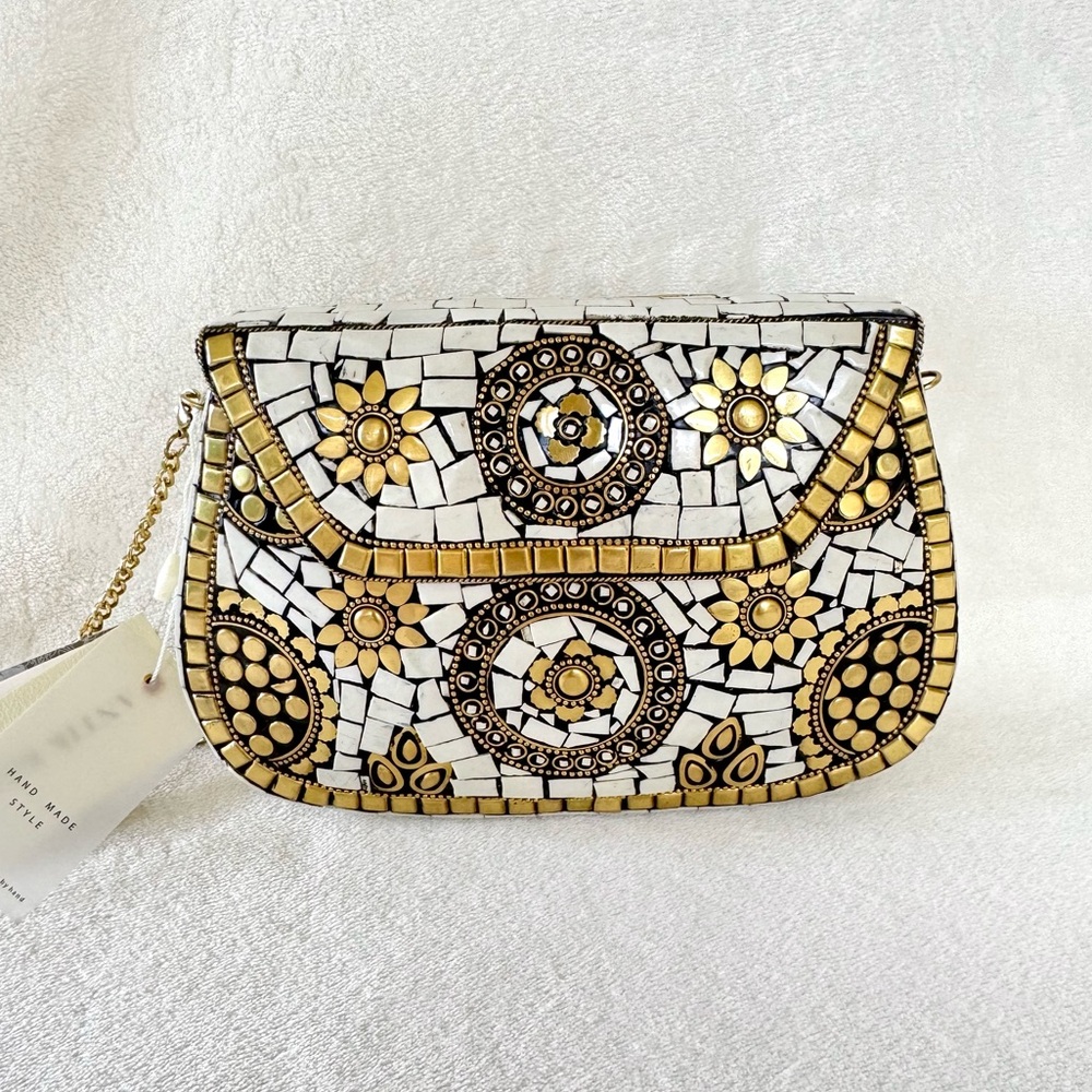 Antik Kraft Gold, Cream, and Black Mosaic Tile Clutch / Crossbody Bag